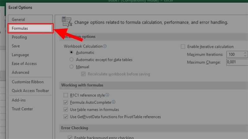 Chọn mục Formulas