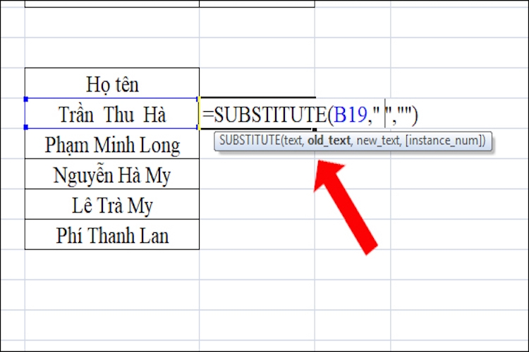 Cách xóa khoảng trắng trong excel bằng hàm SUBSTITUTE