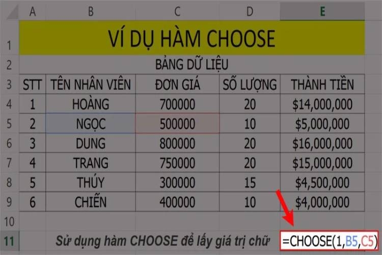 Nhập hàm =CHOSE(1,B5,C5)