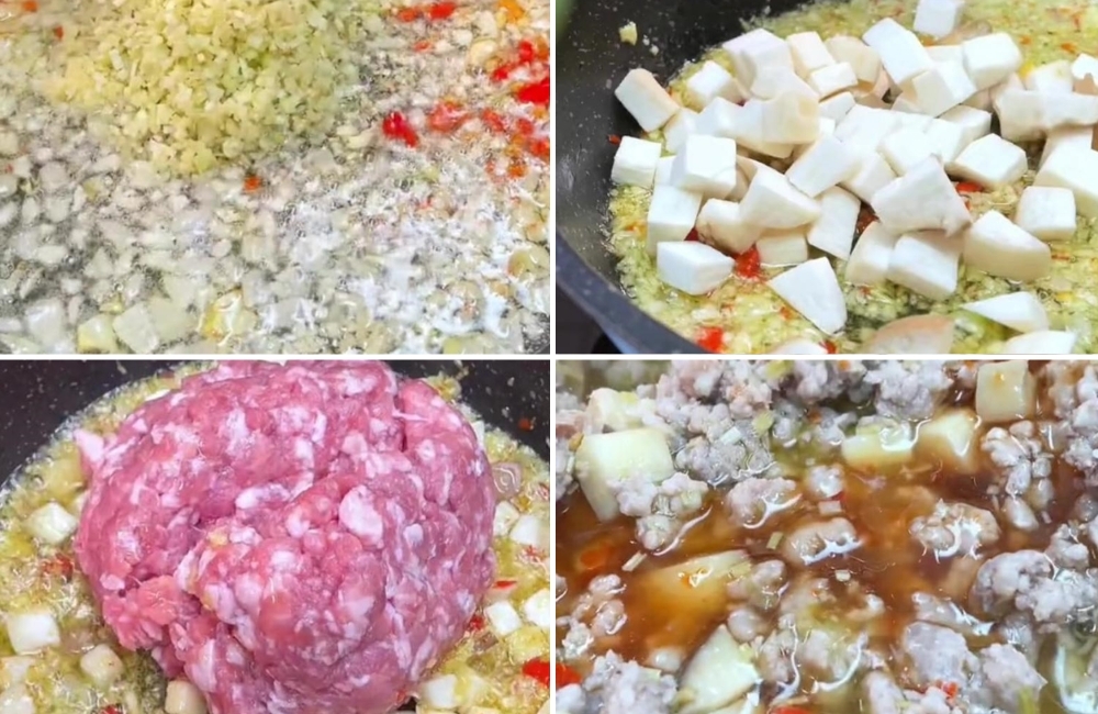 Thực hiện món thịt băm rang sả tỏi và nấm đùi gà