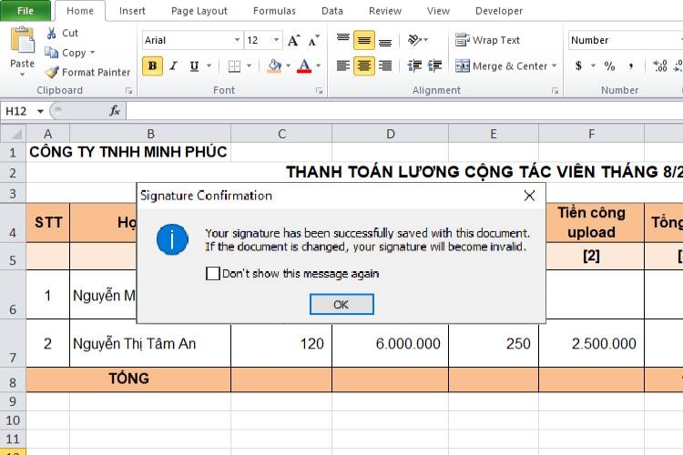 Hộp thoại Signature Confirmation