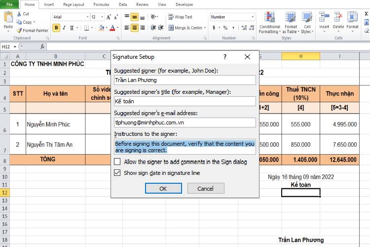 Hộp thoại Signature Setup