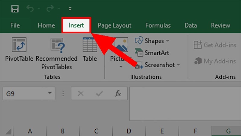 Mở tệp tin Excel > Chọn thẻ Insert