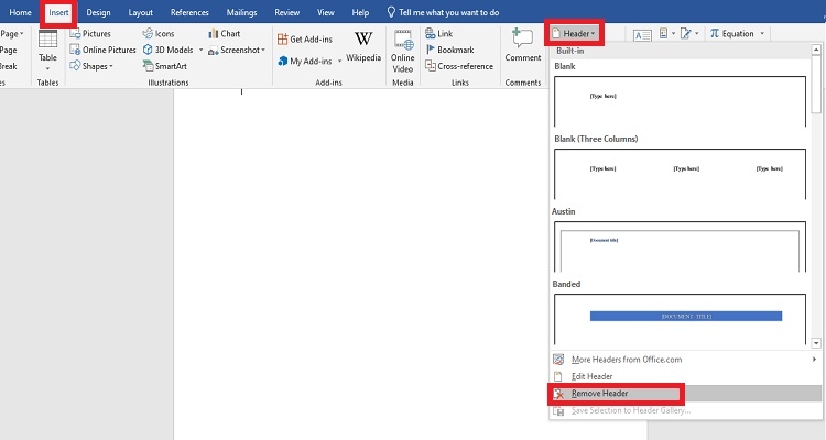 Chọn Remove Header khi muốn xoá số trang ở đầu trang