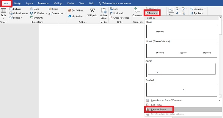 Chọn Remove Footer nếu muốn xoá trang ở cuối trang