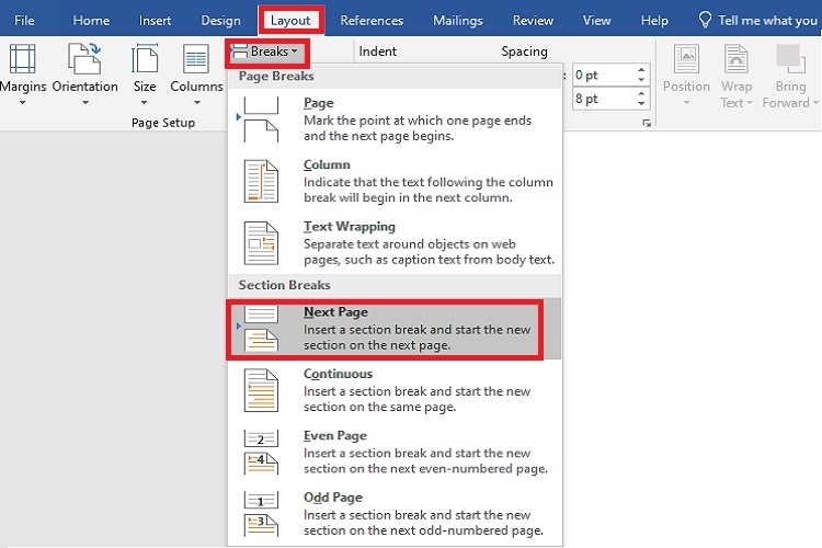 Nhấp vào Break và chọn Next Page