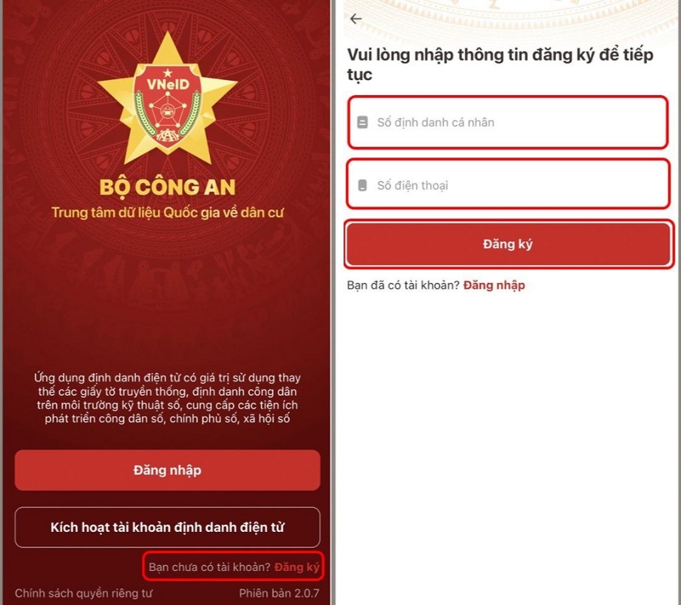 Nhập Số định danh cá nhân và Số điện thoại để Đăng ký