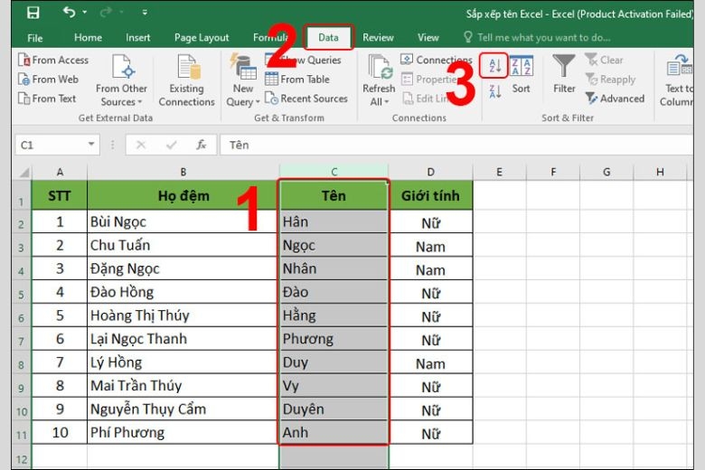 cách sắp xếp tên theo abc trong excel 12