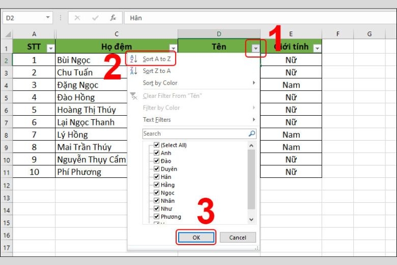 cách sắp xếp tên theo abc trong excel 19