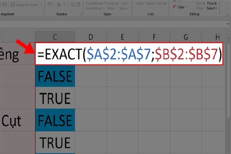 Tại ô cần so sánh hãy nhập công thức =Exact($A$2:$A$7;$B$2:$B$7)