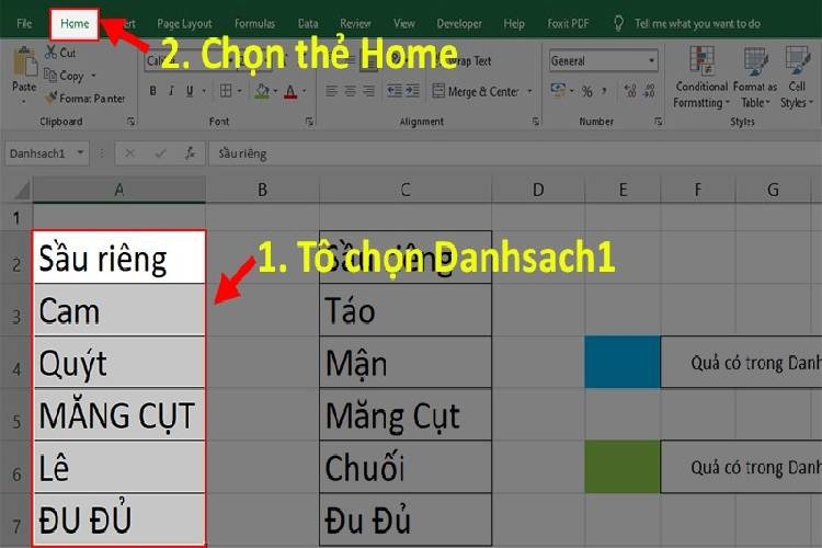 Chọn toàn bộ dữ liệu của cột Danhsach1 > Chọn thẻ Home