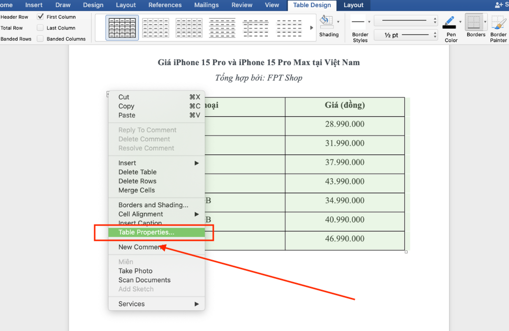 chọn Table Properties