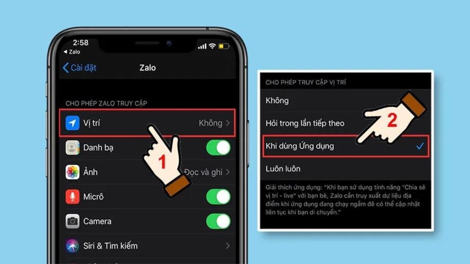 Chọn “Vị trí” và cho phép “Khi dùng ứng dụng” hoặc “Luôn luôn”