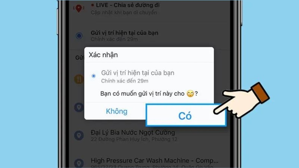 Nhấn có để xác nhận gửi vị trí