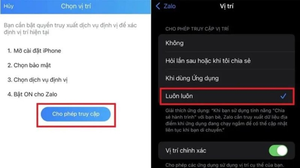 Cấp quyền cho ứng dụng Zalo có thể truy cập vị trí