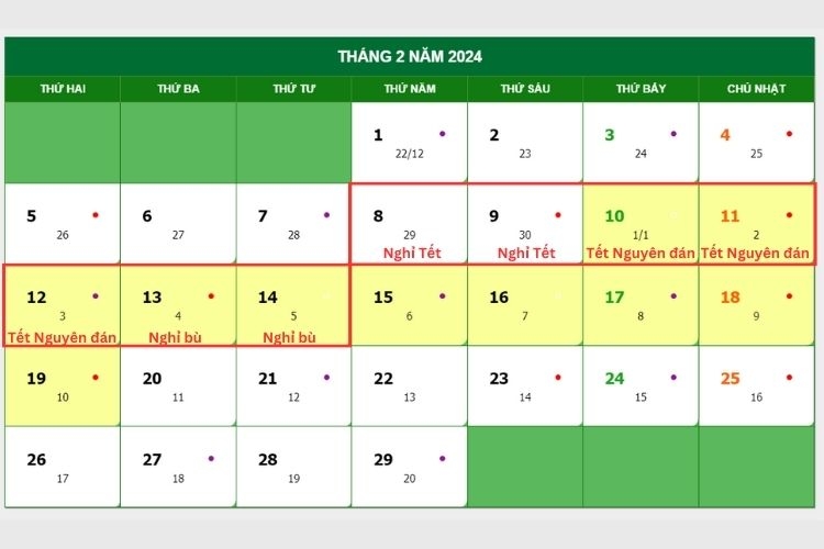 Ngày nghỉ Tết Nguyên đán 2024 rơi vào 29 Tết đến Mùng 5 Tết