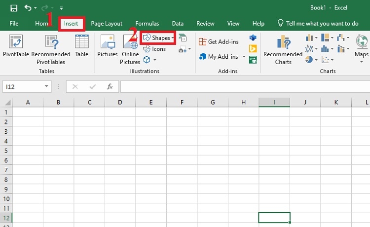 Nhấn tab Insert và chọn Shapes
