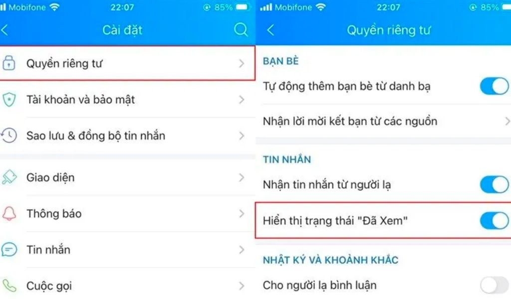 Tắt thông báo “Đã xem”