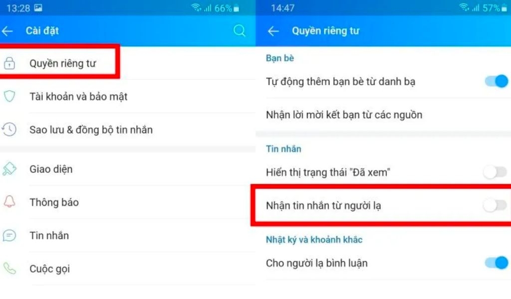 Chặn tin nhắn người lạ