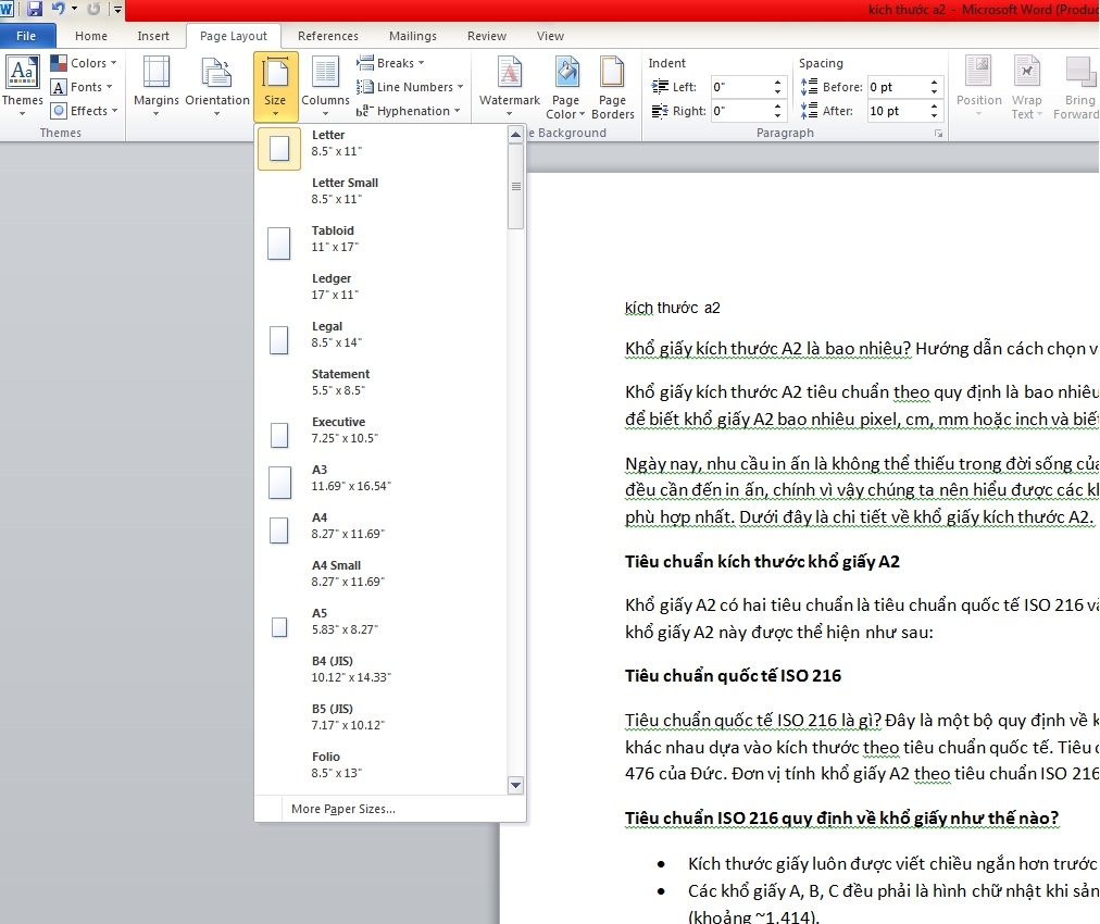khổ giấy trên word