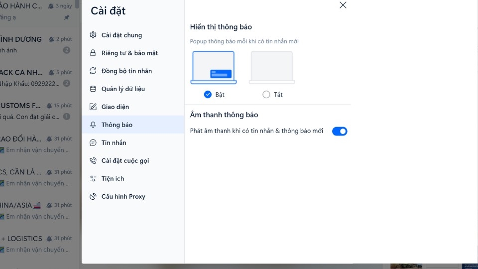 Tick vào 'Bật' và 'Phát âm thanh khi có tin nhắn & thông báo mới'
