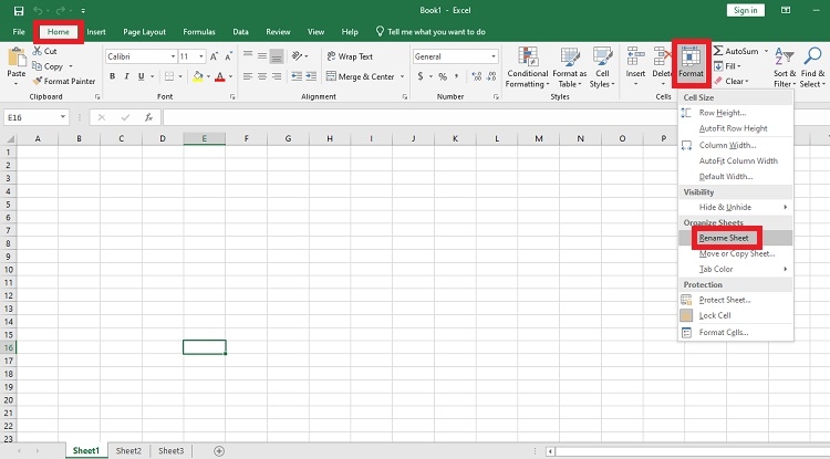 Chọn Format và nhấp vào Rename Sheet