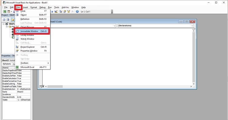 Nhấn tab View và chọn Immediate Window