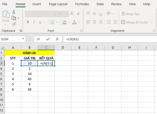 Hàm LN trong Excel 01