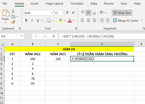 hàm LN trong Excel 04