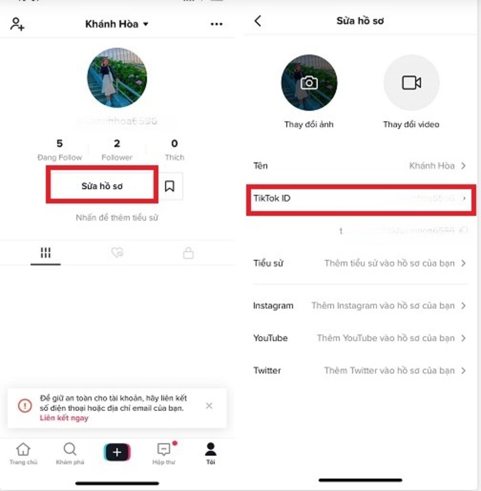 Chọn 'Sửa hồ sơ' và vào mục 'TikTok ID'