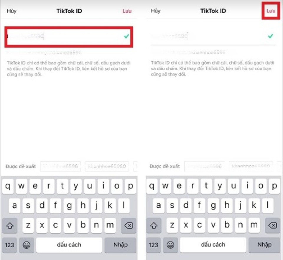 Sửa ID TikTok và nhấn lưu