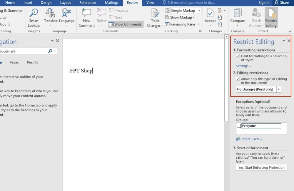 bỏ tích các tuỳ chọn Restrict Editing