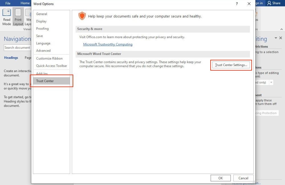 Trust Center Settings