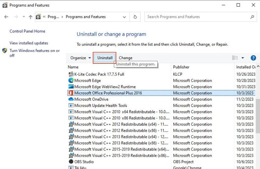 Uninstall phiên bản Office
