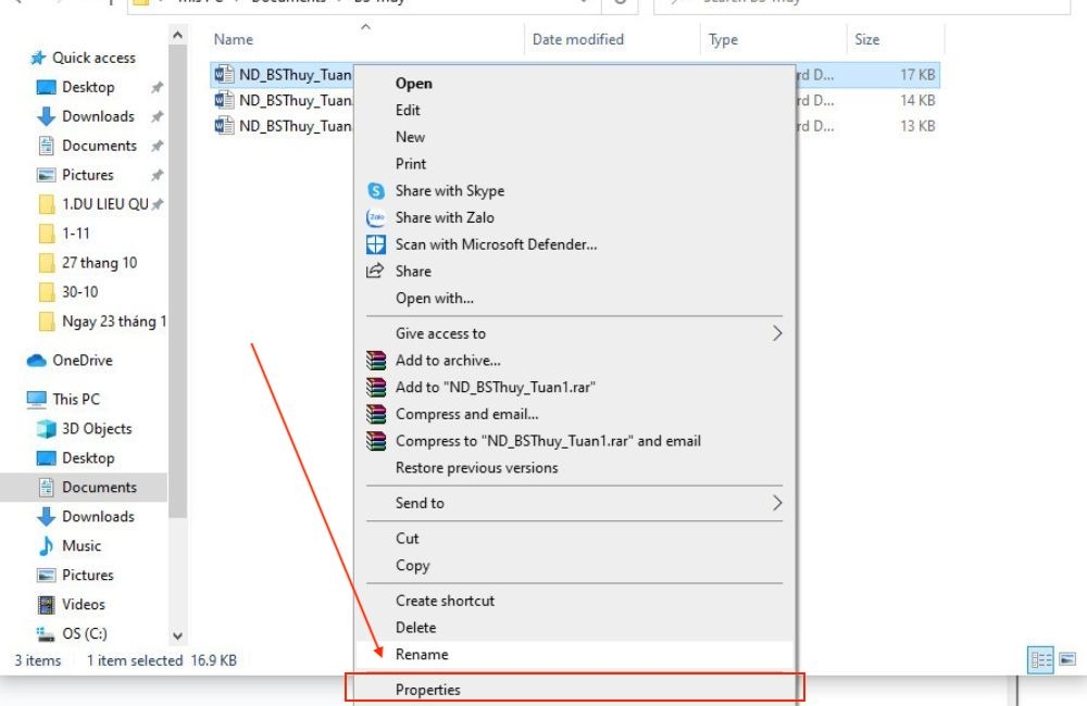 chọn Properties cho file word