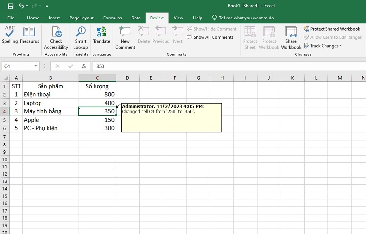 Xem thay đổi trong Excel