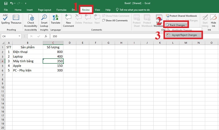 Chọn Track Change và nhấn vào Accept/Reject Changes
