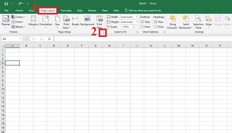Click hộp thoại Page Setup