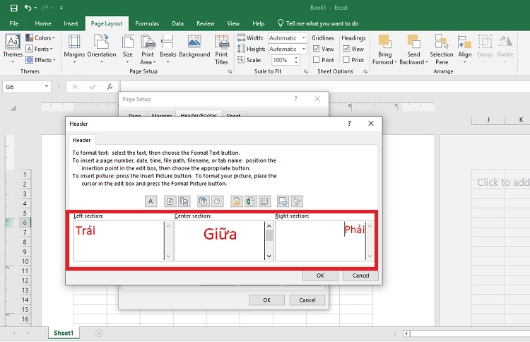 Điền nội dung đầu/chân trang vào ô vị trí mong muốn