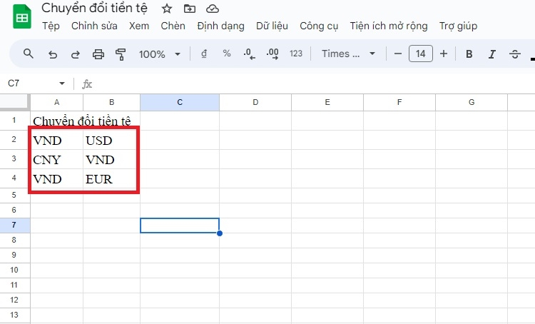 Nhập 2 mã tiền cần quy đổi tỷ giá 