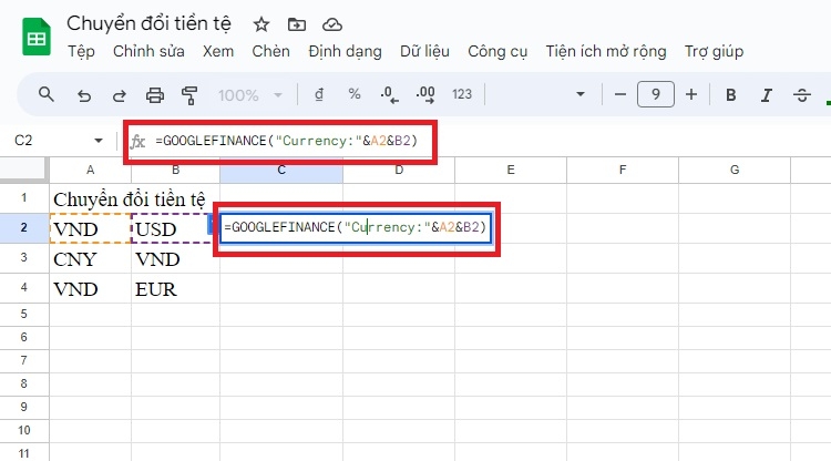 Nhập hàm chuyển đổi tiền tệ