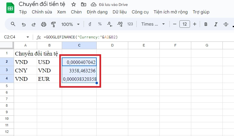 Kéo góc phải của ô vừa nhập công thức xuống tất cả các dòng còn lại