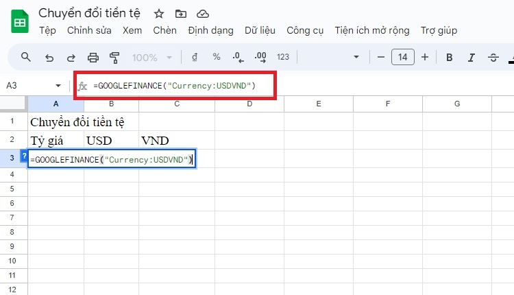 Nhập hàm GOOGLEFINANCE quy đổi tỷ giá giữa 2 loại tiền tệ