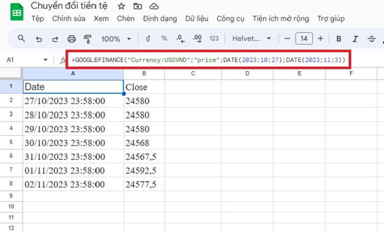 Chuyển đổi tiền tệ trên Google Sheets trong một khoảng thời gian