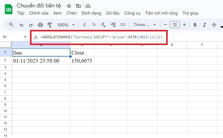Chuyển đổi tiền tệ trên Google Sheets tại thời điểm khác