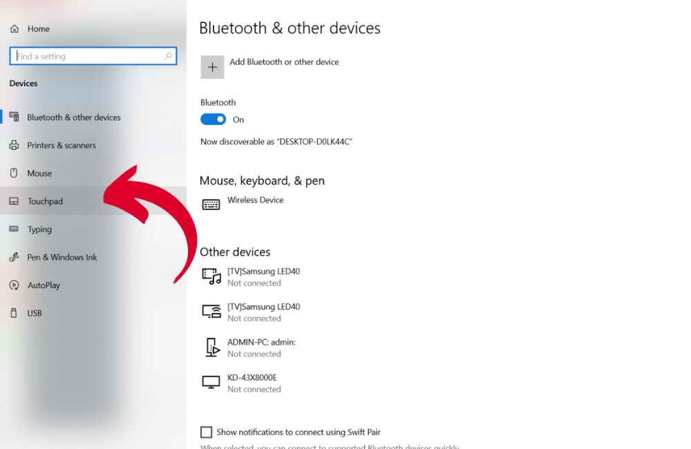 tìm mục Touchpad