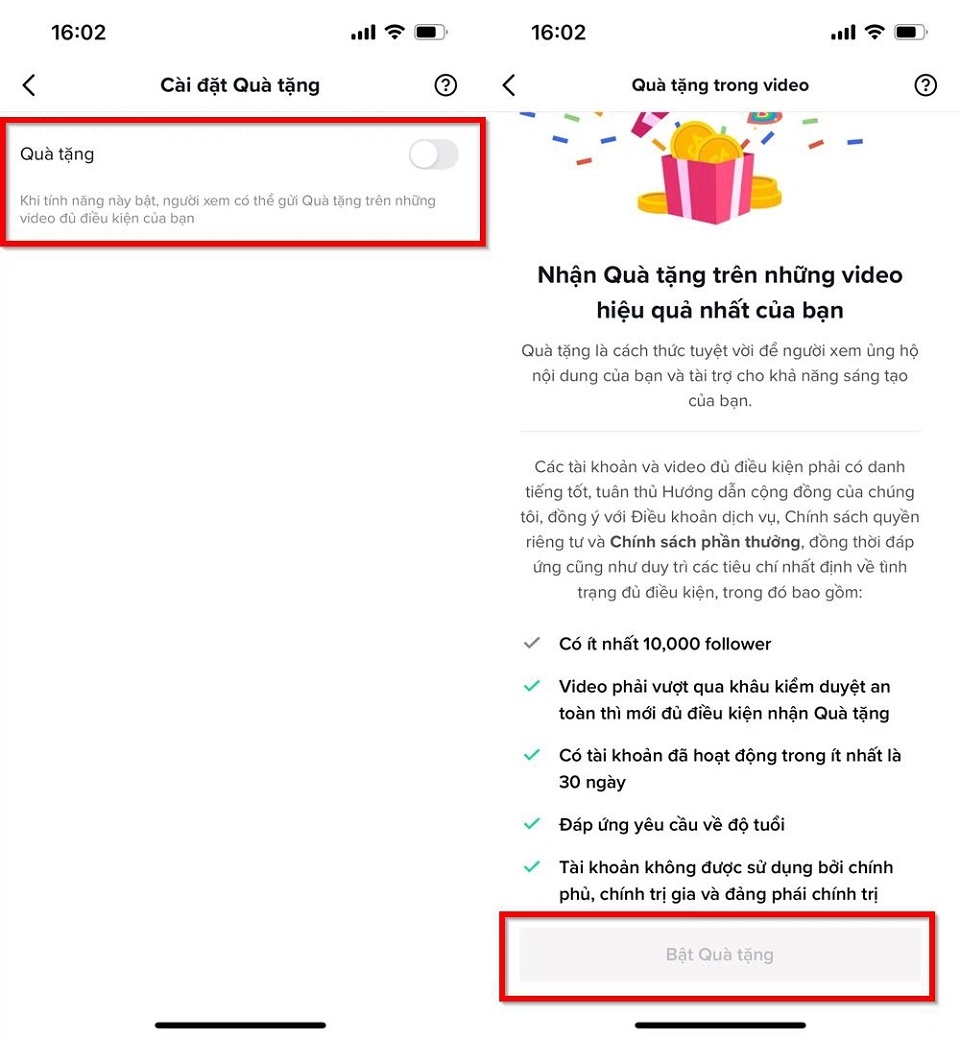 Bật tính năng nhận quà trên TikTok
