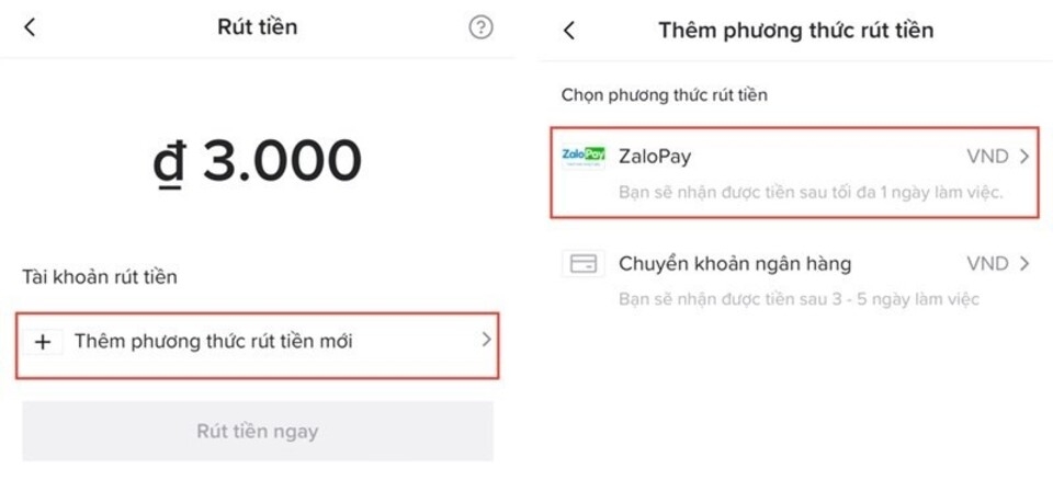 Lựa chọn phương thức rút tiền