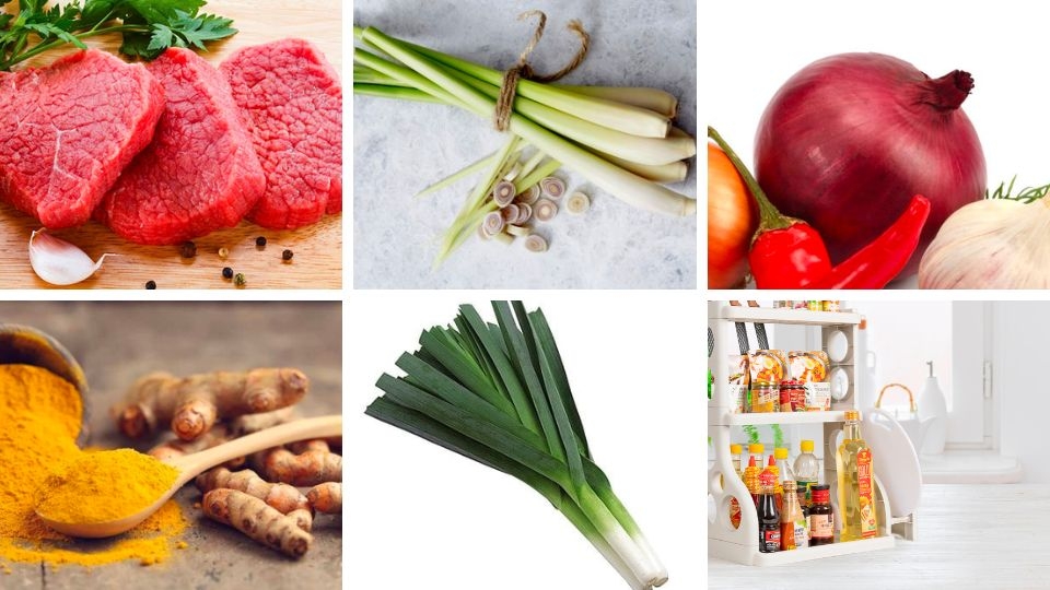 nguyên liệu làm bò xào sả ớt và nghệ