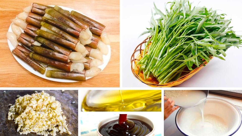 nguyên liệu làm ốc móng tay xào rau muống